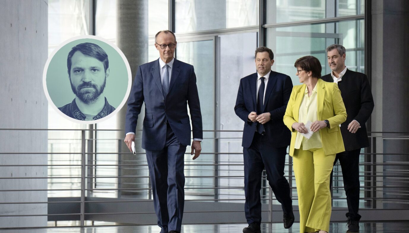 Friedrich Merz, Lars Klingbeil, Saskia Esken und Markus Söder bei einer Pressekonferenz nach den Sondierungsgesprächen der Partei- und Fraktionsspitzen von SPD, CDU und CSU im Reichstagsgebäude. Berlin, 08.03.2025. Armutszeugnis für Deutschland.