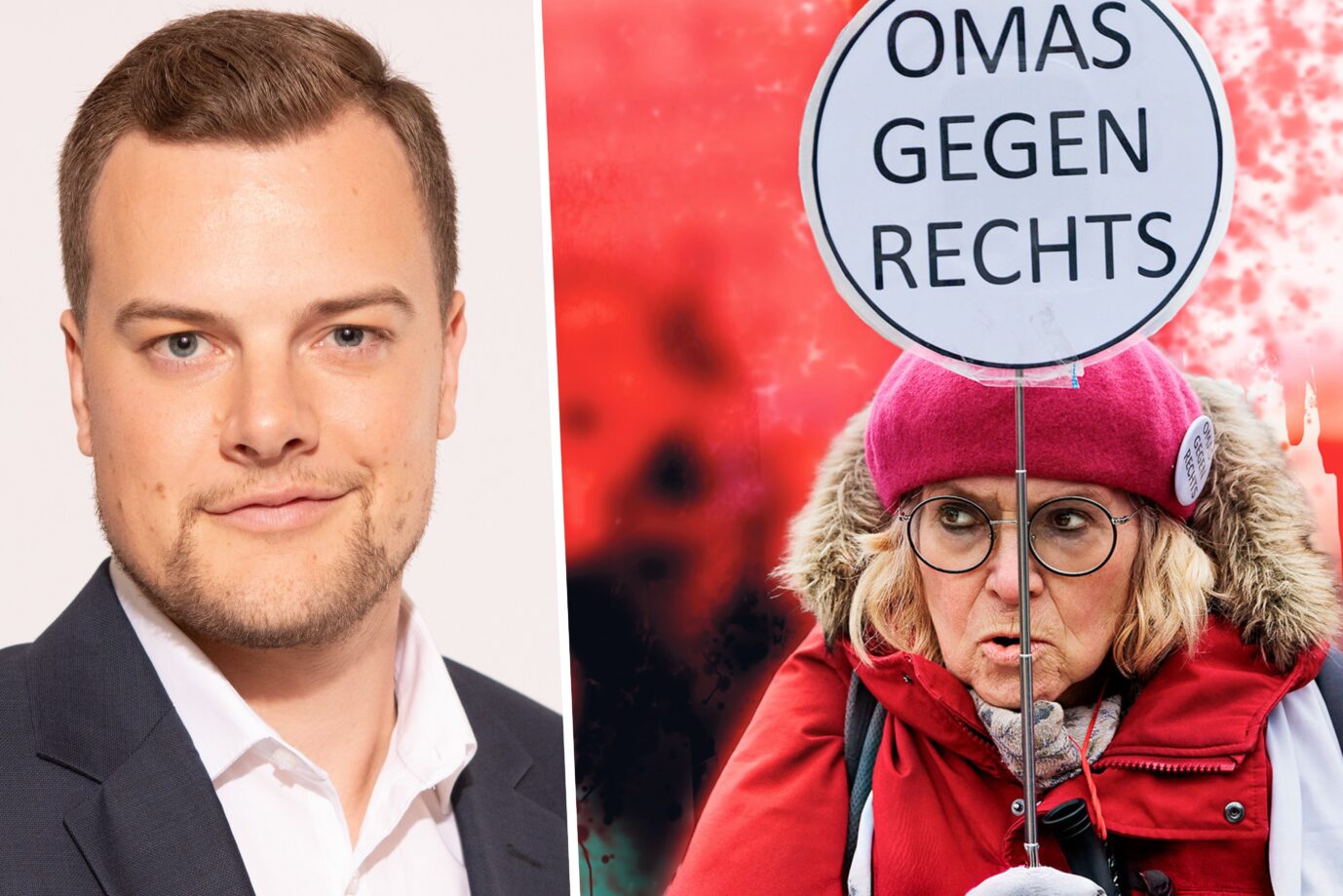 Björn Harms, Nius-Journalist und ehemaliger Redakteur der Wochenzeitung „Jungen Freiheit“ sowie Autor des Bestsellers „Der NGO-Komplex. Wie die Politik unser Steuergeld verpaßt“, Zivilgesellschaft „Omas gegen Rechts“. Foto: privat & picture alliance C. Koall (JF-Montage)