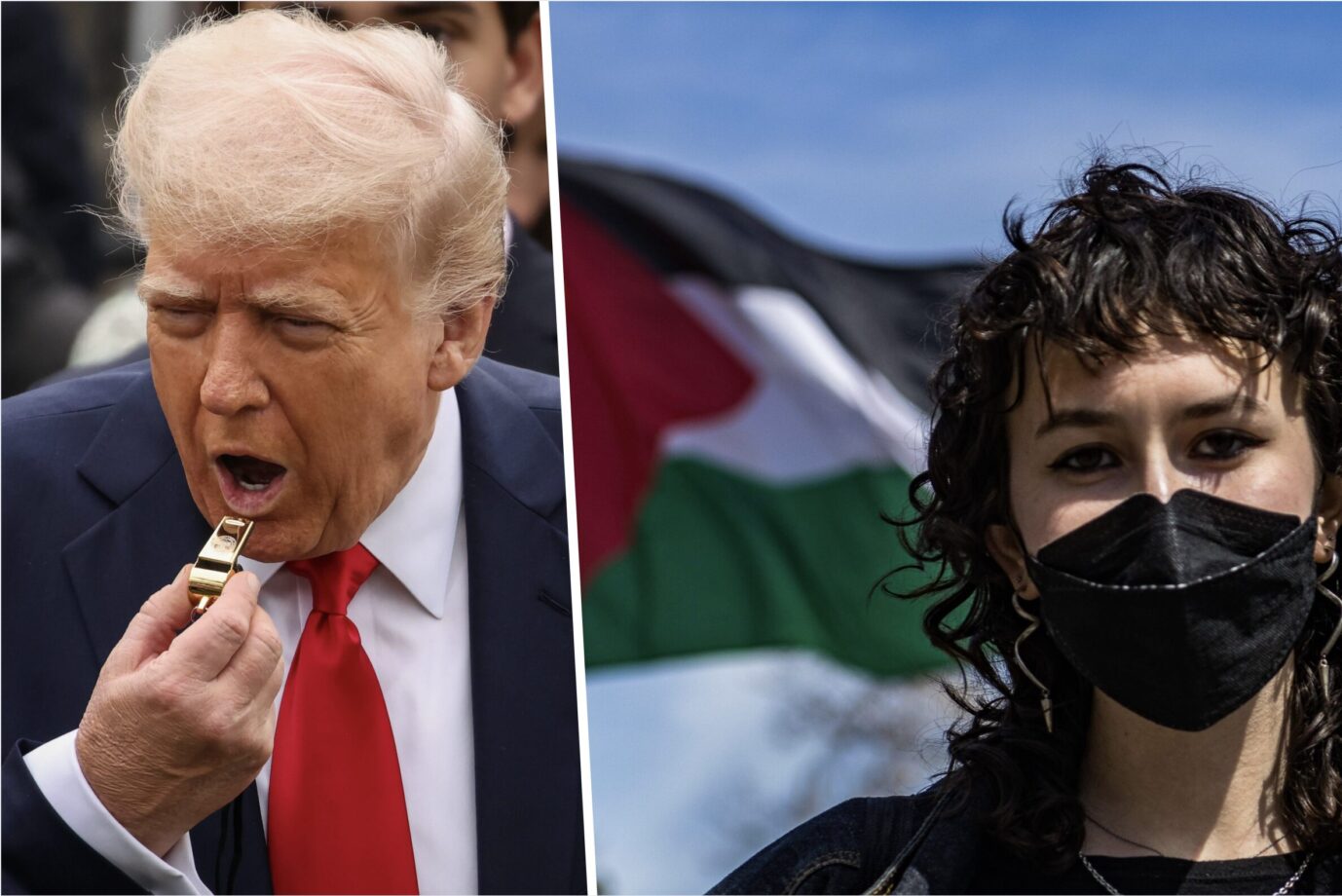Links ist US-Präsident Donald Trump zu sehen und macht sich gerade daran, in eine Trillerpfeife zu blasen – daneben ist eine Studentin einer US-Universität zu sehen, die an einem pro-Palästina-Protest teilnimmt, sie trägt Maske und im Hintergrund sieht man eine Palästina-Flagge – Symbolbild für Trumps Kampf gegen woke Universitäten
