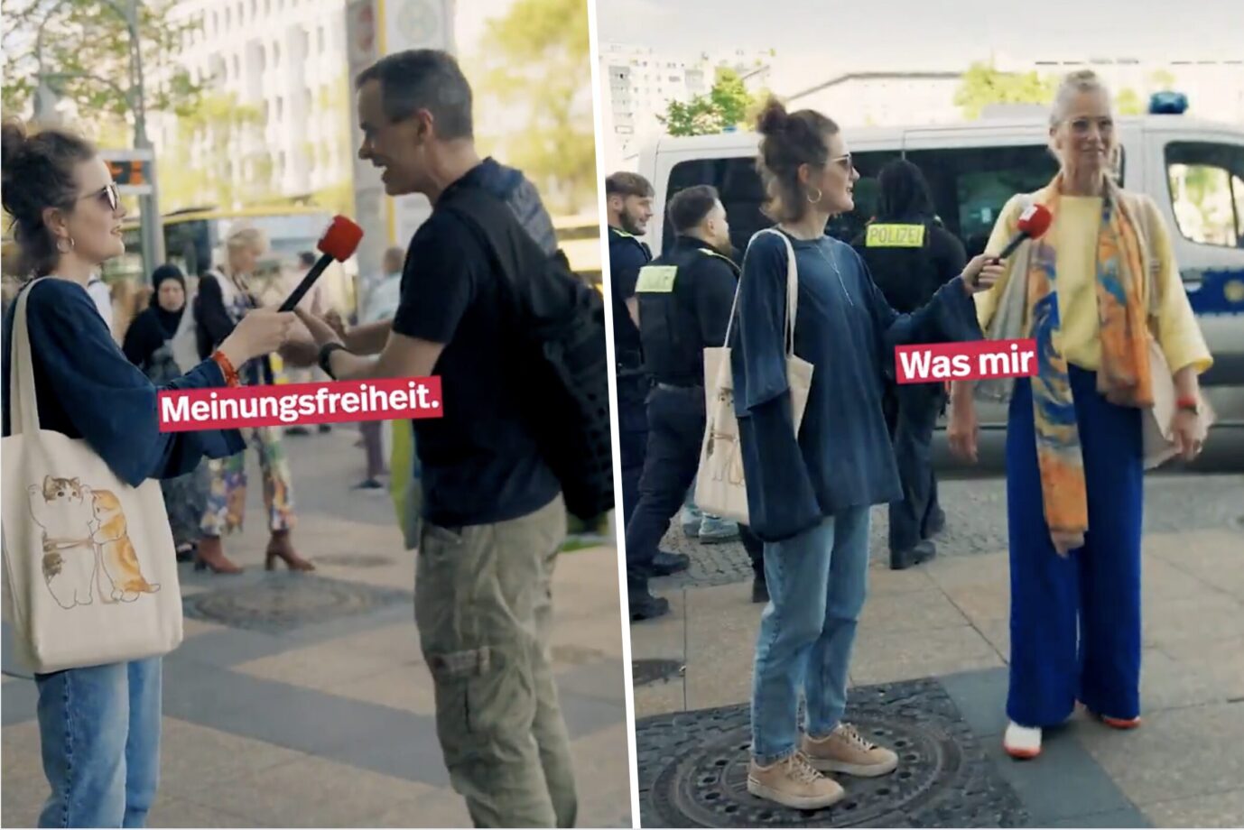 Eine Frau mit Sonnenbrille und Umhängetasche befragt einen Mann und eine Frau, ob sie aus Deutschland auswandern wollen