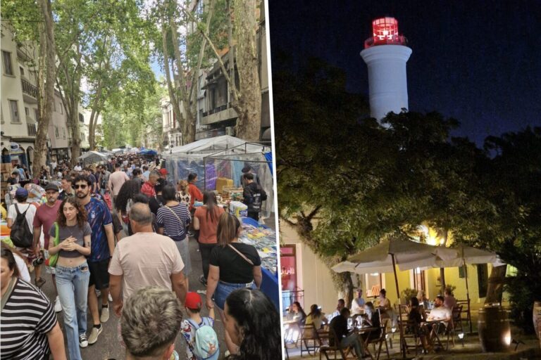 Links flanieren Menschen über einen Wochenmarkt in Urugay, das Wetter scheint warm und sommerlich, daneben sieht man eine nächtliche Straßenszene mit einem Cafe – Lateinamerika wurde berest, darunter Chile