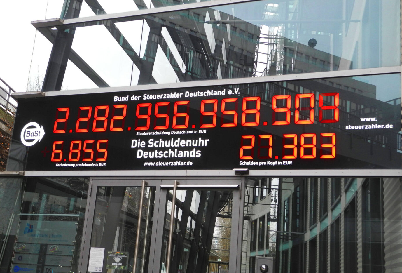 Das Bild zeigt die Schuldenuhr des Bundes der Steuerzahler. Die Generationengerechtigkeit in Deutschland ist bedroht.