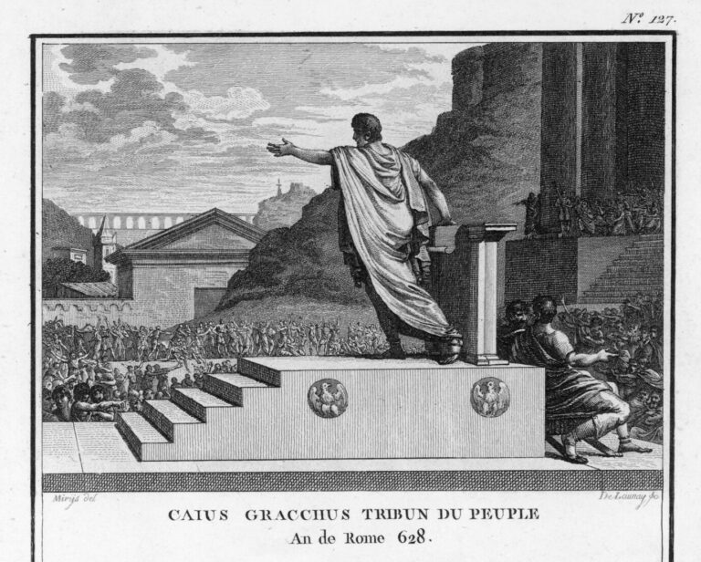 Auf einem alten Bild ist der römische Volkstribun Gauis Gracchus zu sehen – eine Toga tragend und die Hände zum Volk ausstreckend – Sinnbild für die Einbeziehung fremder Eliten