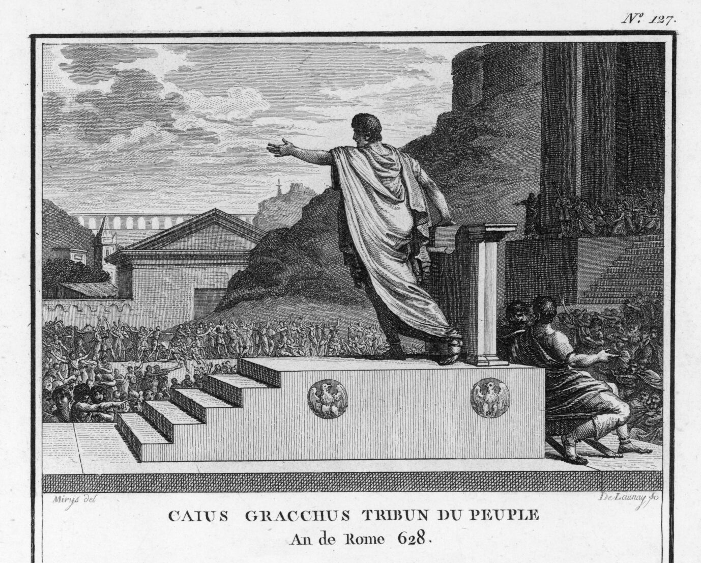 Auf einem alten Bild ist der römische Volkstribun Gauis Gracchus zu sehen – eine Toga tragend und die Hände zum Volk ausstreckend – Sinnbild für die Einbeziehung fremder Eliten