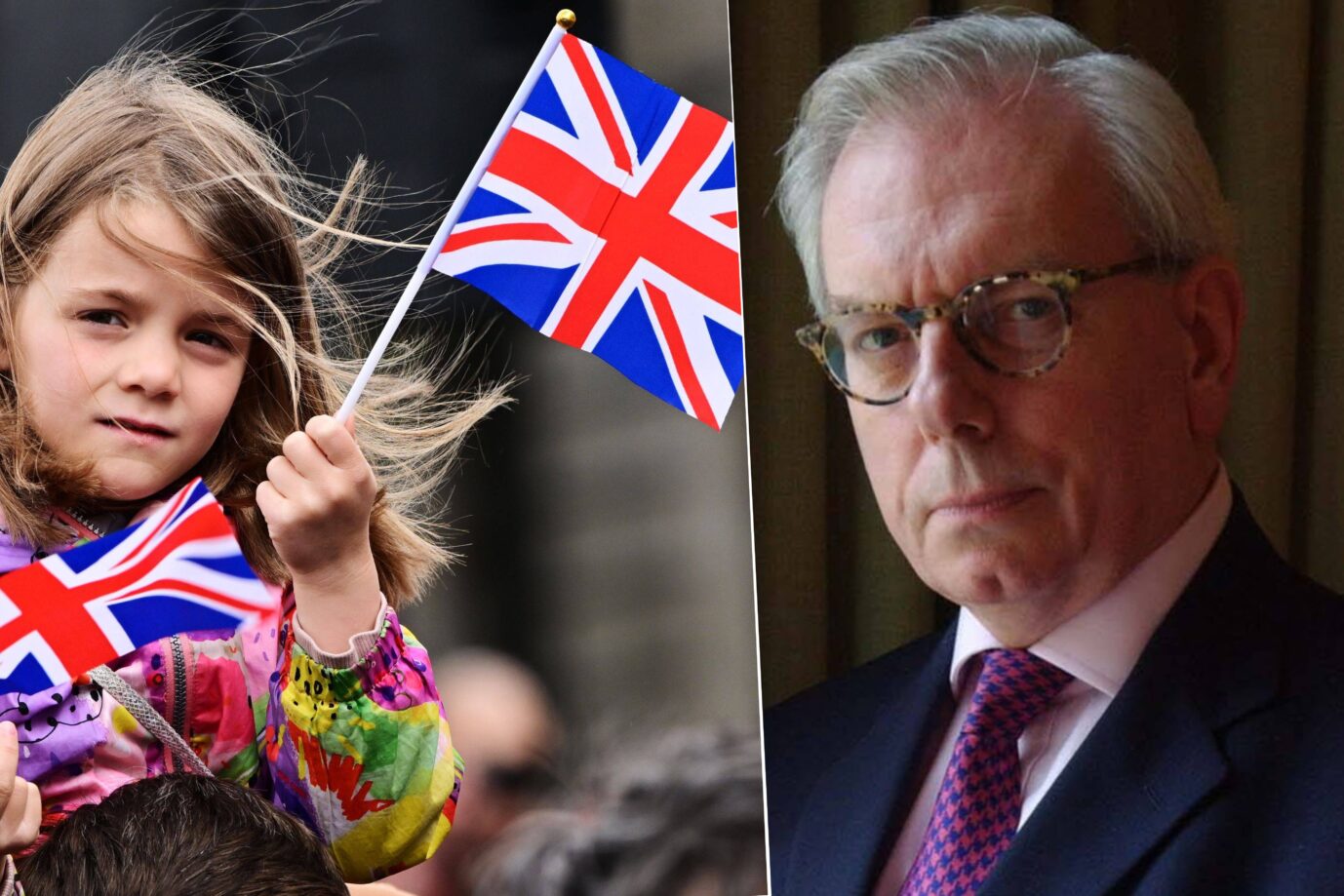 Mädchen schwenkt die Nationalflagge Großbritanniens, britischer Historiker und Konservativer David Starkey, Foto: IMAGO / Avalon/Anthony Harvey & Independent/Tom Pilston