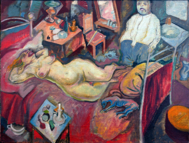 Expressionistisches Gemälde mit einem nackten weiblichen Akt in einem unordentlichen Zimmer, ein Mann sitzt teilnahmslos am Rand – Darstellung innerer Leere und zwischenmenschlicher Entfremdung in grellen Farben und verzerrter Perspektive.