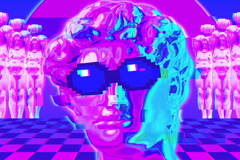 Der violett eingefärbte Kopf einer antiken Statue trägt eine dunkle Sonnenbrille und steht in einer surrealen Vaporwave-Landschaft – ein Beispiel für die Ästhethtik von Internet-Musikgenres wie Witch House