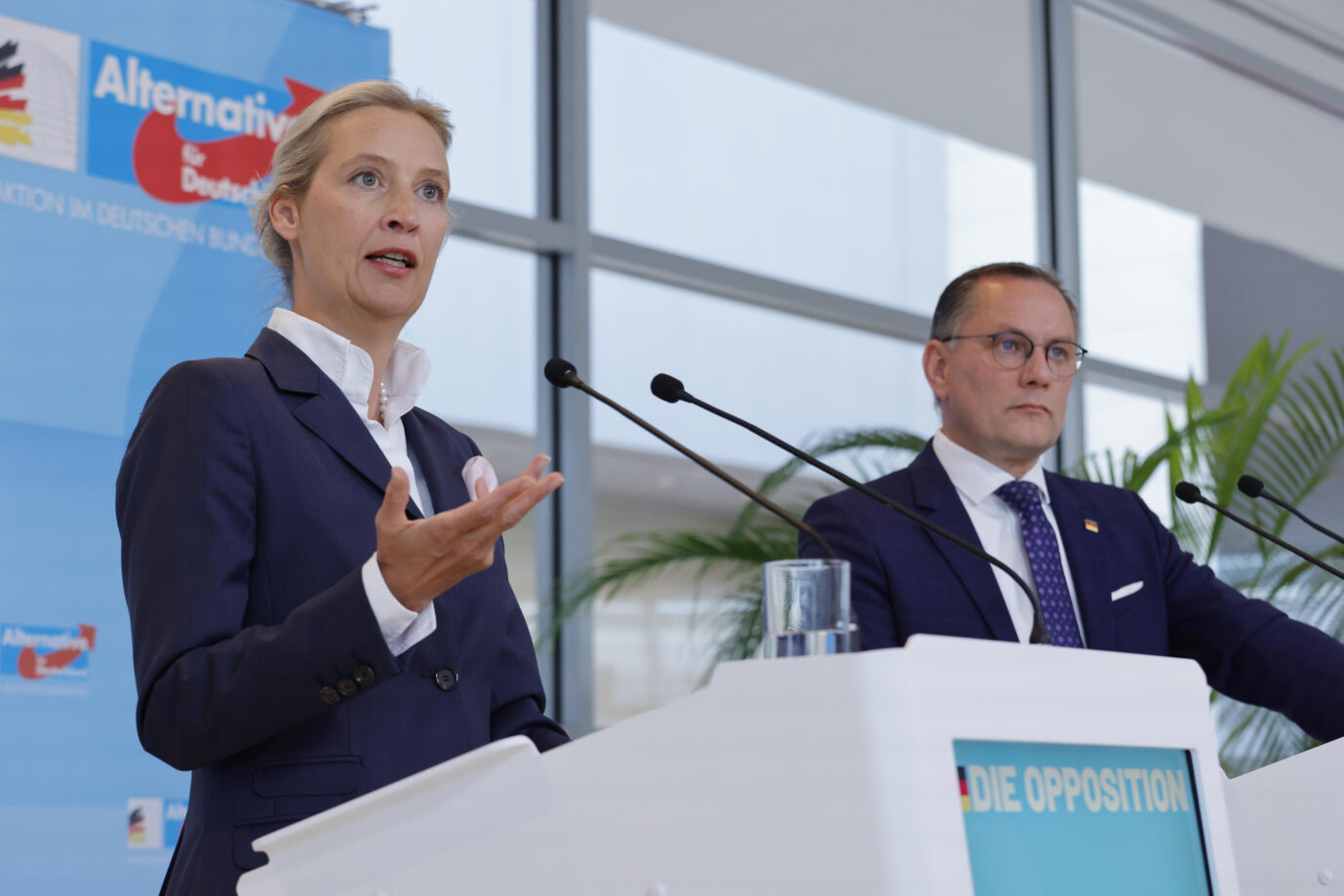 Dr. Alice Weidel, Tino Chrupalla, AfD, Deutschland, Berlin, Reichstag, Sitzung der AfD-Bundestagsfraktion, Statement der Fraktionsspitze