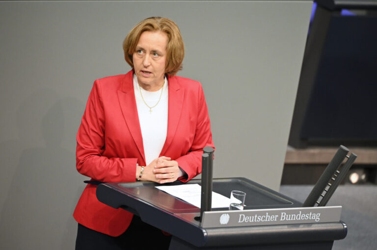 Beatrix von Storch spricht im Plenarsaal im Bundestag zu den Abgeordneten. Sie trägt eine Christuskette.