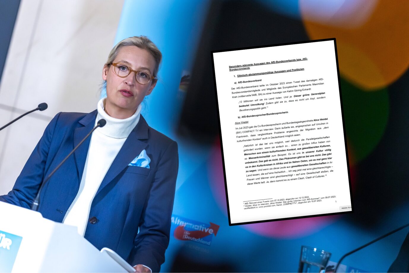 AfD-Chefin Alice Weidel: Auch ihre Interviews werden im Gutachten des Verfassungsschutzes umfangreich zitiert. (Themenbild/Collage)