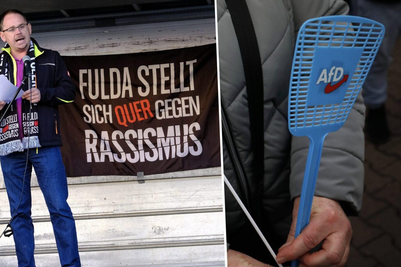 Ein Mann mit einem Schal steht auf einer Bühne – hinter ihm weht die Fahne des linksradikalen Bündnisses "Fulda stellt sich quer" – daneben ist eine blaue Fliegenklatsche mit dem Logo der AfD zu sehen