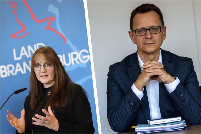 Links ist Brandenburgs Innenministerin Katrin Lange (SPD) und gestikuliert mit ihren Händen, daneben ist der ehemalige Chef des brandenburgischen Verfassungsschutz, Jörg Müller, zu sehen und schaut unglücklich drein – haben sich die beiden aufgrund der AfD entzweit?