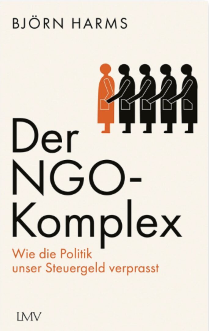 Auf dem Buchcover von " Der NGO-Komplex" von Björn Harms sind orangene und schwarze Figuren zu sehen