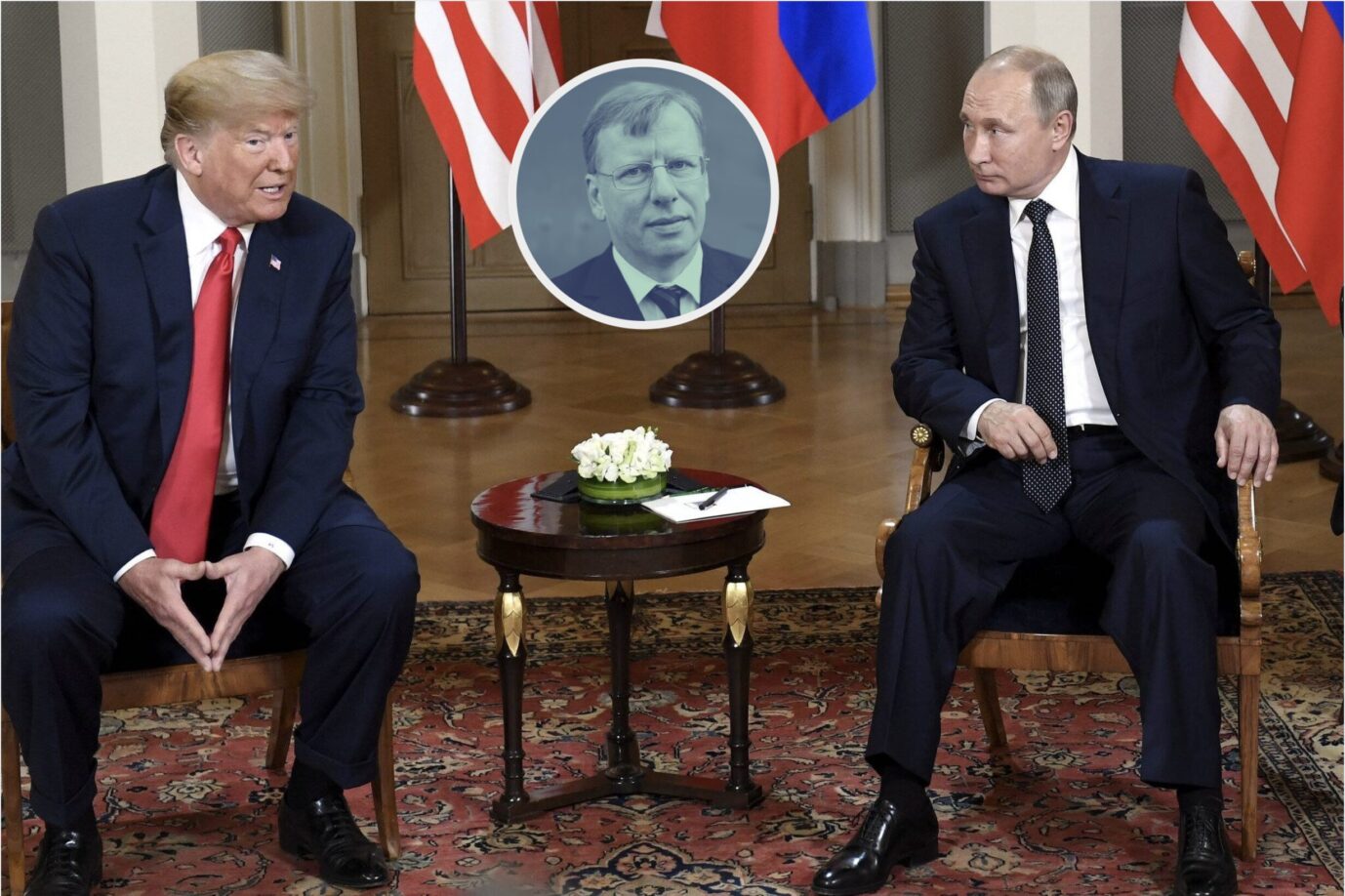 Links sitzt der US-Präsident Donald Trump und guckt etwas ironisch, daneben sitzt der russische Präsident Wladimir Putin und guckt eher mißtrauisch – vielleicht verhandeln sie über die Ukraine – in der Mitte schwebt der Kopf unseres Autoren Thorsten Hinz