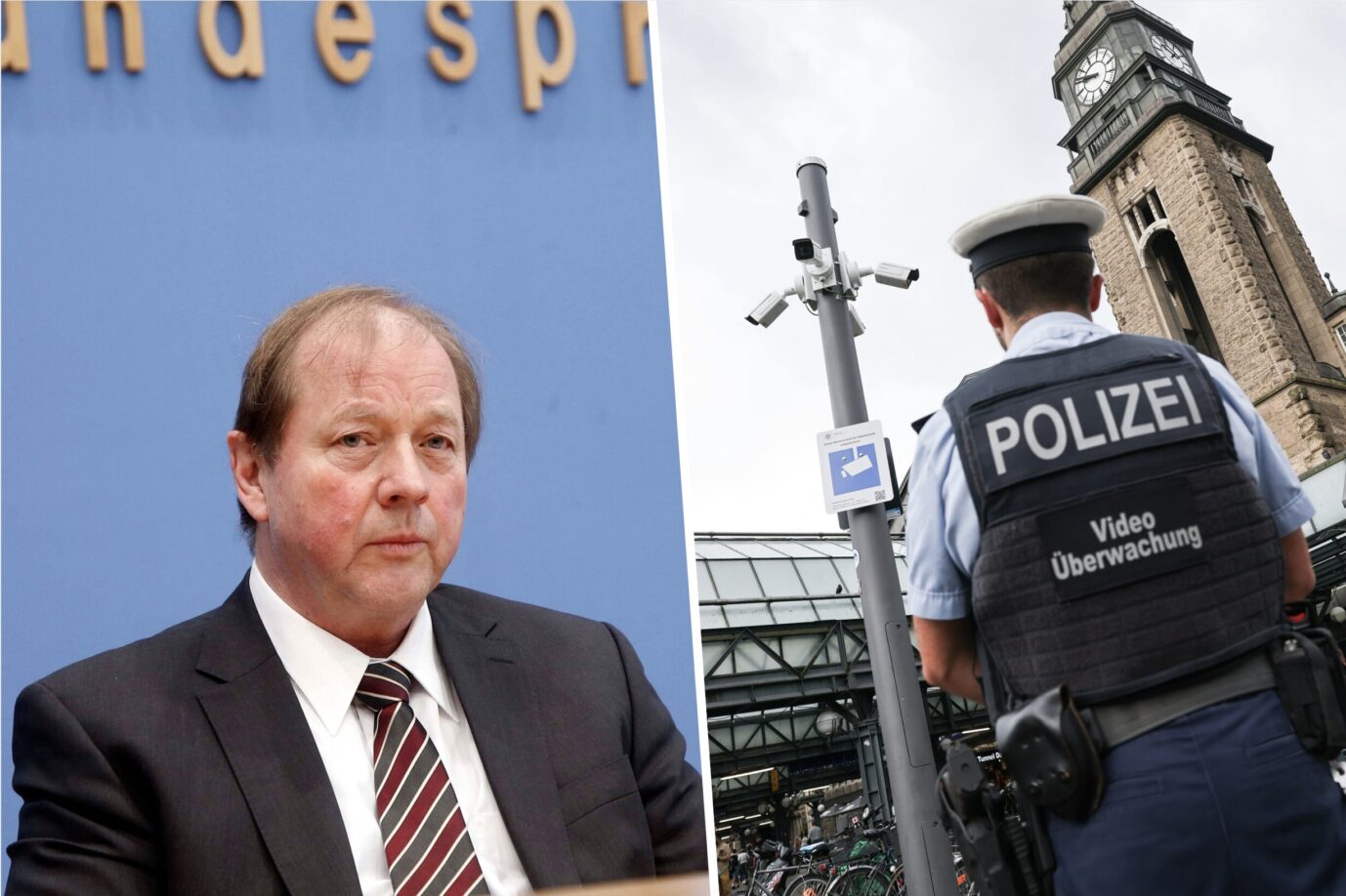 Links ist der AfD-Fraktionschef und innenpolitische Sprecher Dirk Nockemann zu sehen, de sehr ernst schaut. Daneben sieht man einen Hamburger Polizeibeamten – Symbolbild für die Polizeieinsätze in Asylunterkünften