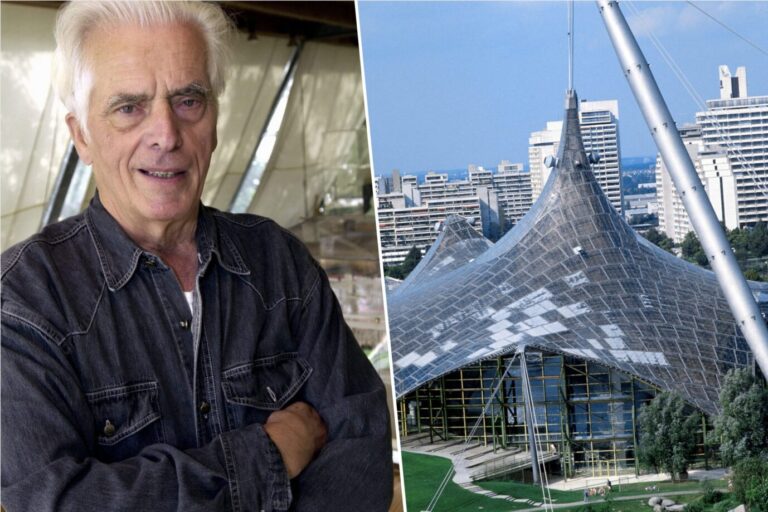Der Architekt Otto Frei trägt eine Jeansjacke und schaut jovial in die Kamera, daneben ist das berühmte und von ihm konzipierte Zeltdach am Münchener Olympiapark zu sehen