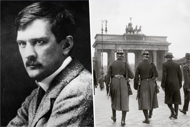 Links ist ein schwarz-weißes Foto eines der bekanntesten Pubizisten der Konservativen Revolution zu sehen: Arthur Moeller van den Bruck – daneben sieht man ein Foto vom Brandenburger Tor in den 1920er Jahren, Symbolbild für das damalige Berlin und die Weimarer Republik