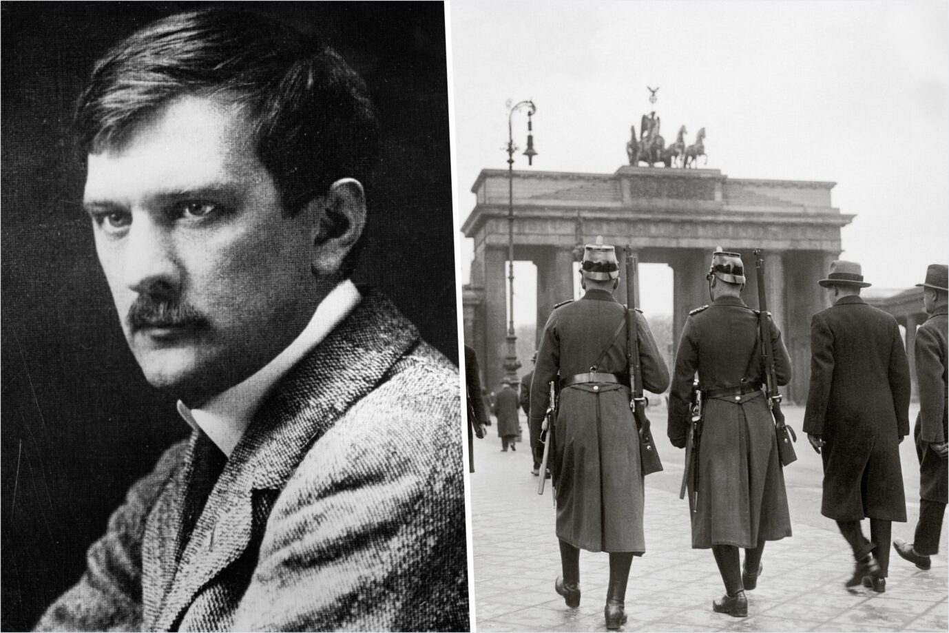Links ist ein schwarz-weißes Foto eines der bekanntesten Pubizisten der Konservativen Revolution zu sehen: Arthur Moeller van den Bruck – daneben sieht man ein Foto vom Brandenburger Tor in den 1920er Jahren, Symbolbild für das damalige Berlin und die Weimarer Republik