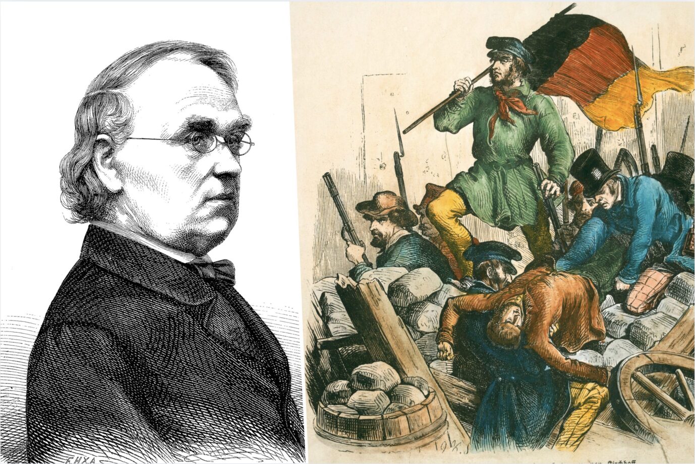 Links ist der deutsche Dichter Eduard Mörike zu sehen, daneben ist ein Holzstich einer Revolutionsszene aus dem Jahr 1848.