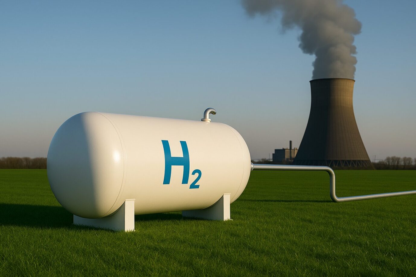 Ein großer weißer Wasserstoffspeicher mit der Aufschrift „H₂“ steht auf einer grünen Wiese im Vordergrund. Eine dicke Metallleitung führt sichtbar vom Speicher bis zum Kühlturm eines Kohlekraftwerks, das im Hintergrund Rauch ausstößt. Die Szene spielt bei klarem Himmel in der Abendsonne und symbolisiert den Widerspruch zwischen grüner Wasserstoffrhetorik und fossiler Energieabhängigkeit.