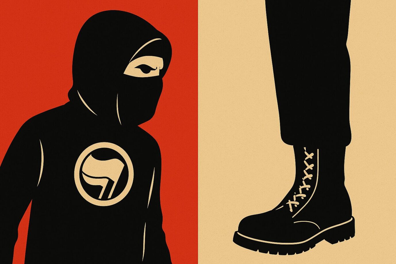 Grafische Illustration zweier gegenübergestellter Figuren vor geteiltem Hintergrund: Links eine vermummte Person mit schwarzem Kapuzenpullover und Antifa-Symbol auf rotem Grund. Rechts der untere Teil einer Person mit schwarzen Hosen und geschnürten Springerstiefeln auf beigem Hintergrund. Die Darstellung ist stilisiert, kontrastreich und in Schwarz, Rot und Beige gehalten. Linke und rechte Gewalt im Vergleich: Die Übergriffe von Linksextremisten auf politische Gegner erreichen 2024 ein neues Rekordniveau. Foto: KI-generiert mit ChatGPT / OpenAI
