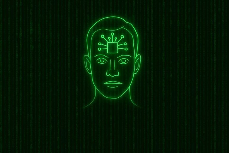 Das Bild zeigt einen Kopf im Stil der „Matrix“-Filme als Symbolbild für KI.