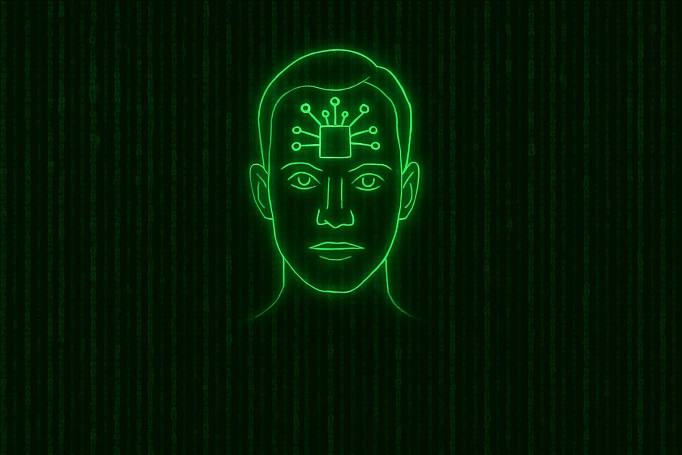 Das Bild zeigt einen Kopf im Stil der „Matrix“-Filme als Symbolbild für KI.