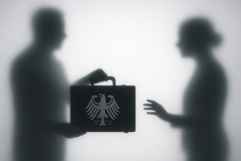 Zwei schemenhafte Silhouetten von Personen sind hinter einer milchglasartigen Fläche zu sehen. Die Person links hält einen Aktenkoffer mit dem Bundesadler darauf. Die Person rechts streckt die Hand aus, um nach dem Koffer zu greifen, berührt ihn jedoch noch nicht. Die Szene wirkt geheimnisvoll und anonym. Zwei Schatten hinter Milchglas: Der Verfassungsschutz schweigt zu rechtlichen Konsequenzen des AfD-Gutachten-Leaks. Foto: KI-generiert mit ChatGPT / OpenAI