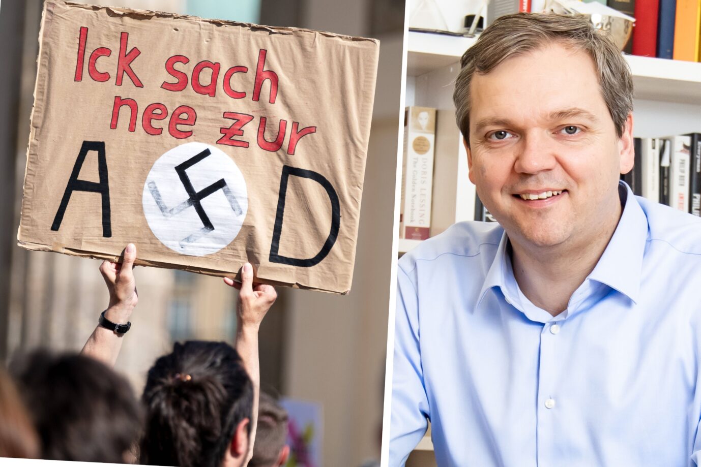 Anti-AfD-Demo in Berlin, Kritiker, Philosoph und Publizist Michael Andrick, Autor des neuen Buchs „Ich bin nicht dabei, Denk-Zettel eines freien Geists“ und des Spiegel-Bestsellers „Im Moralgefängnis. Spaltung verstehen und überwinden“. Foto: Imago/Snapshot, K.M. Krause & privat