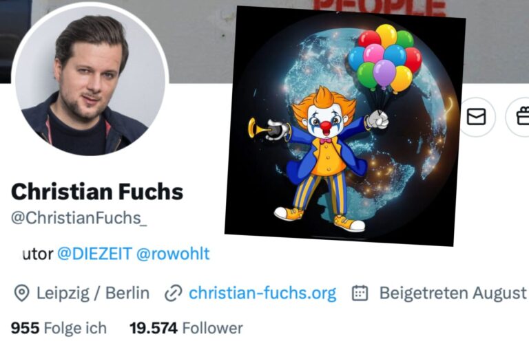 Die Bildmontage zeigt das X-Profil des Zeit-Journalisten Christian Fuchs und ein Profilbild des YouTubers „Clownswelt“.