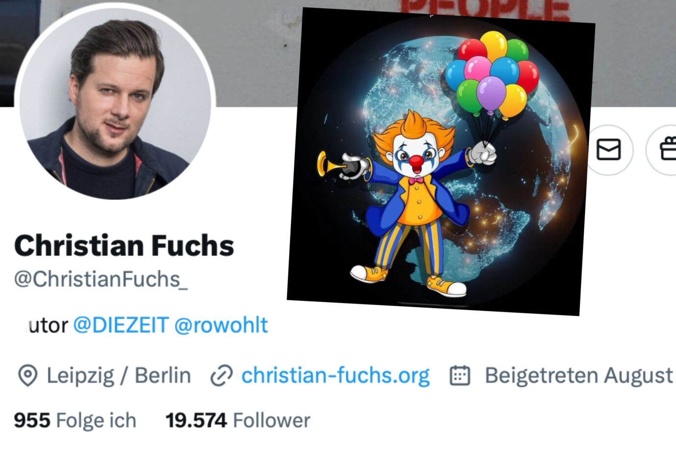 Die Bildmontage zeigt das X-Profil des Zeit-Journalisten Christian Fuchs und ein Profilbild des YouTubers „Clownswelt“.