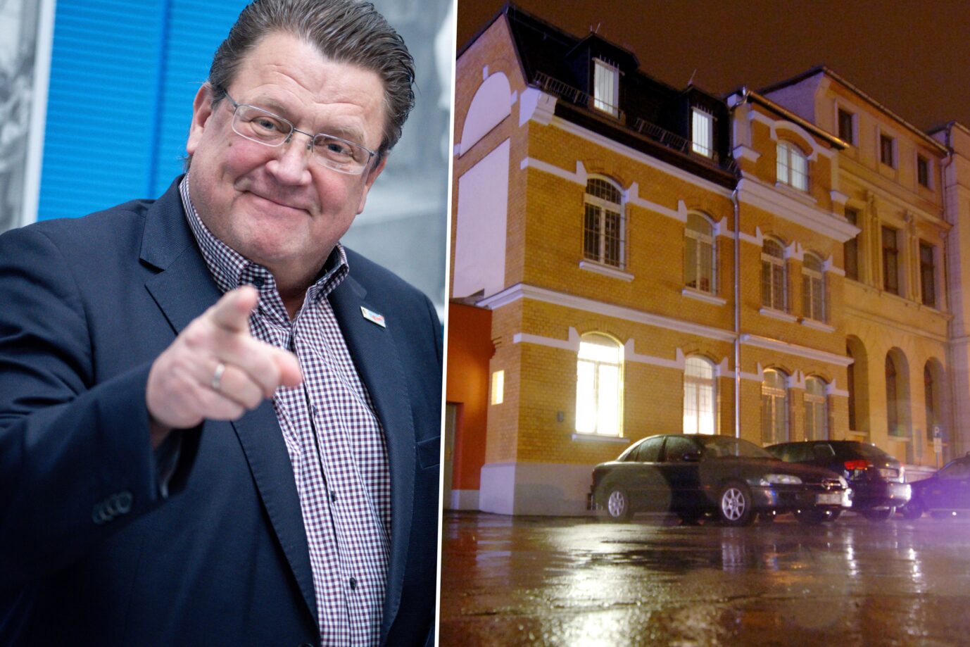 Das Bild zeigt Stephan Brandner von der AfD und das ehemalige Stasi-Gefängnis in Gera.