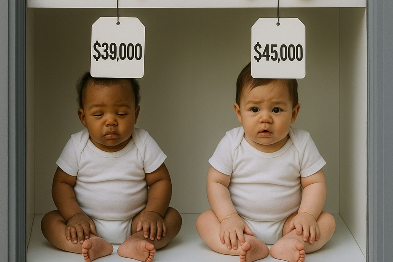 Das Bild zeigt zwei Babys mit Preisschildern als Symbolbild für Leihmutterschaft.