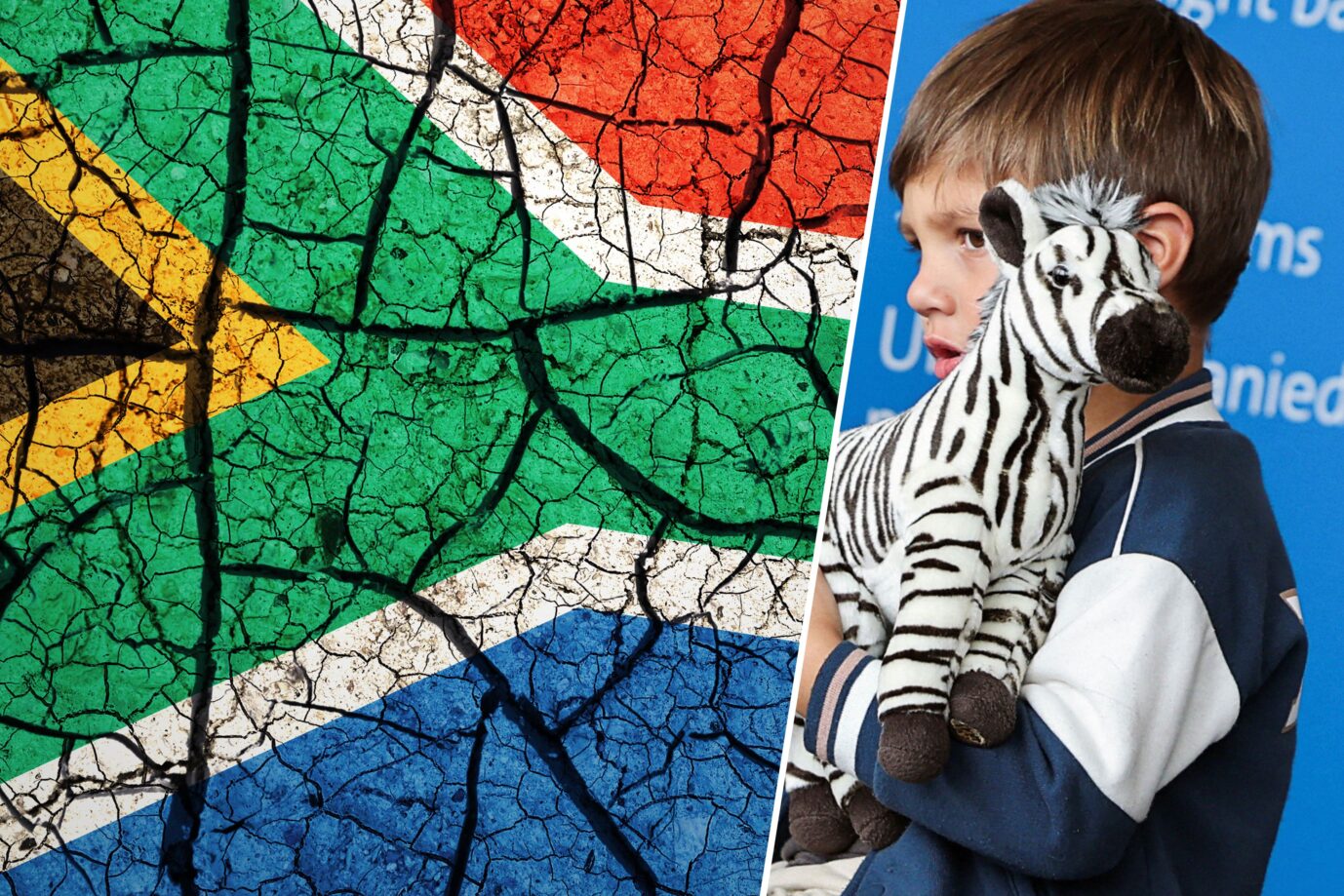 Die Farben von Südafrika auf einem vertrockneten Boden und ein Flüchtlingsjunge, der ein Zebra-Stofftier in den Händen hält. Viele Farmer aus Südafrika kommen nun in die USA.