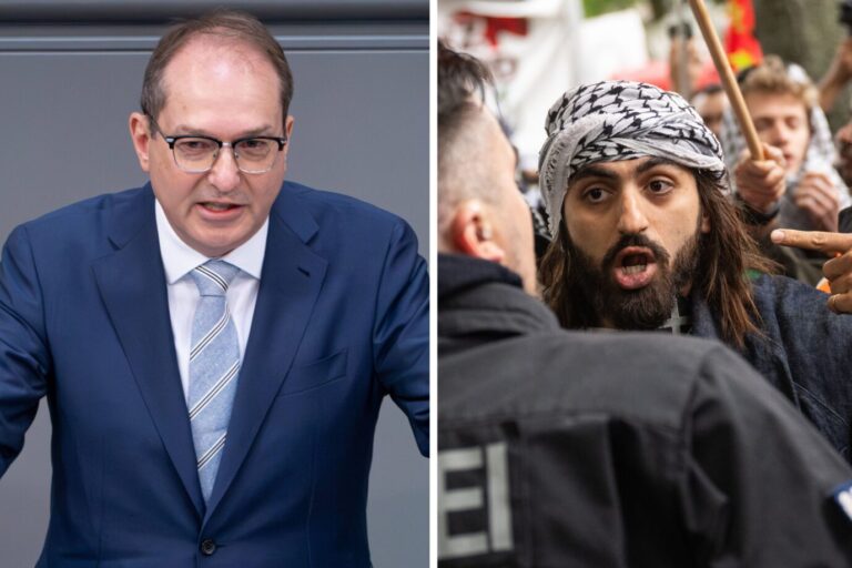 Bundesinnenminister Alexander Dobrindt im Bundestag und ein pro-palästinensischer Demonstrant in Berlin.