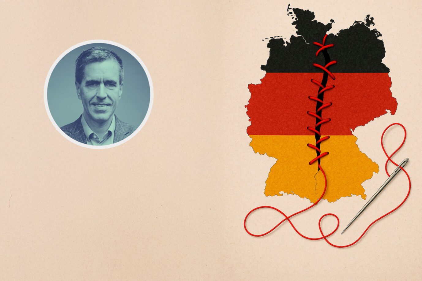 Illustration mit zwei Hauptelementen: Links ein rund eingefasstes Porträtfoto eines Mannes im Anzug, rechts eine stilisierte Deutschlandkarte in den Farben Schwarz-Rot-Gold, die in der Mitte von einer roten Schnur „zusammengenäht“ wird – die Naht symbolisiert eine Verbindung oder Heilung. Daneben liegt eine silberne Nadel mit dem Faden. Der Hintergrund ist beige. Das AfD-Gutachten des Verfassungsschutzes ist ein Dokument des Versagens – die Einordnung der AfD als extremistisch durch die Behörde ist letztlich eine Machtfrage. Deutschland ist polarisiert: Das Wirken des Verfassungsschutzes hat daran keinen kleinen Anteil. Foto: JF