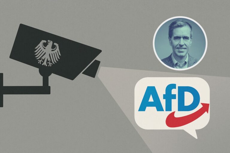 Illustration: Eine Überwachungskamera mit Bundesadler richtet ihren Lichtkegel auf eine Sprechblase, in der das Logo der AfD zu sehen ist. Überwacht und stigmatisiert: Der Staat wirft ein Schlaglicht auf die größte Oppositionspartei. Der Verfassungsschutz überwacht die AfD. Foto: KI-generiert mit ChatGPT / OpenAI