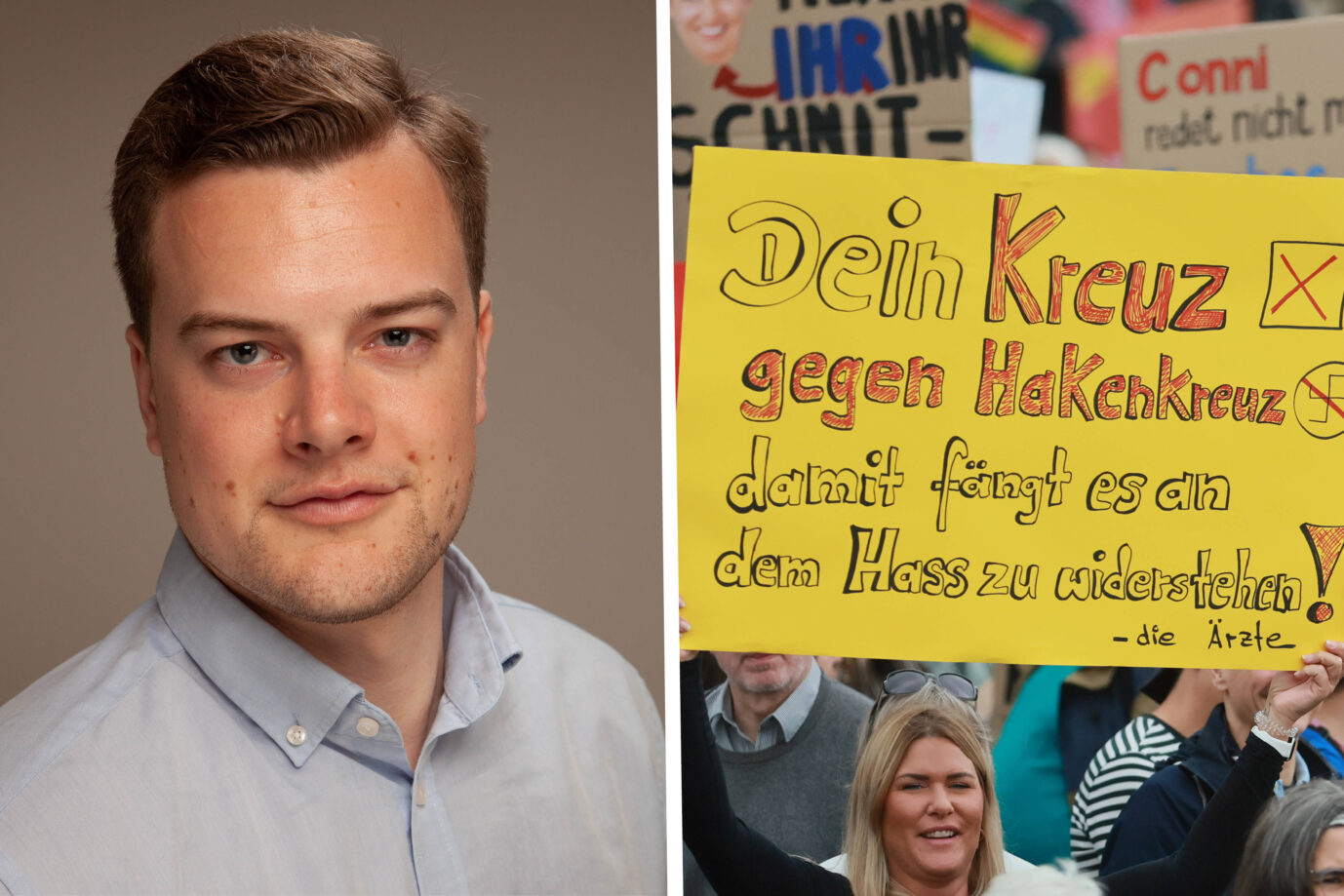 Ex-JF-Redakteur und Nius-Journalist Björn Harms: Geht den NGO-Veranstaltern der Demos „gegen Rechts“ auf die Fersen. (Themenbild/Collage)