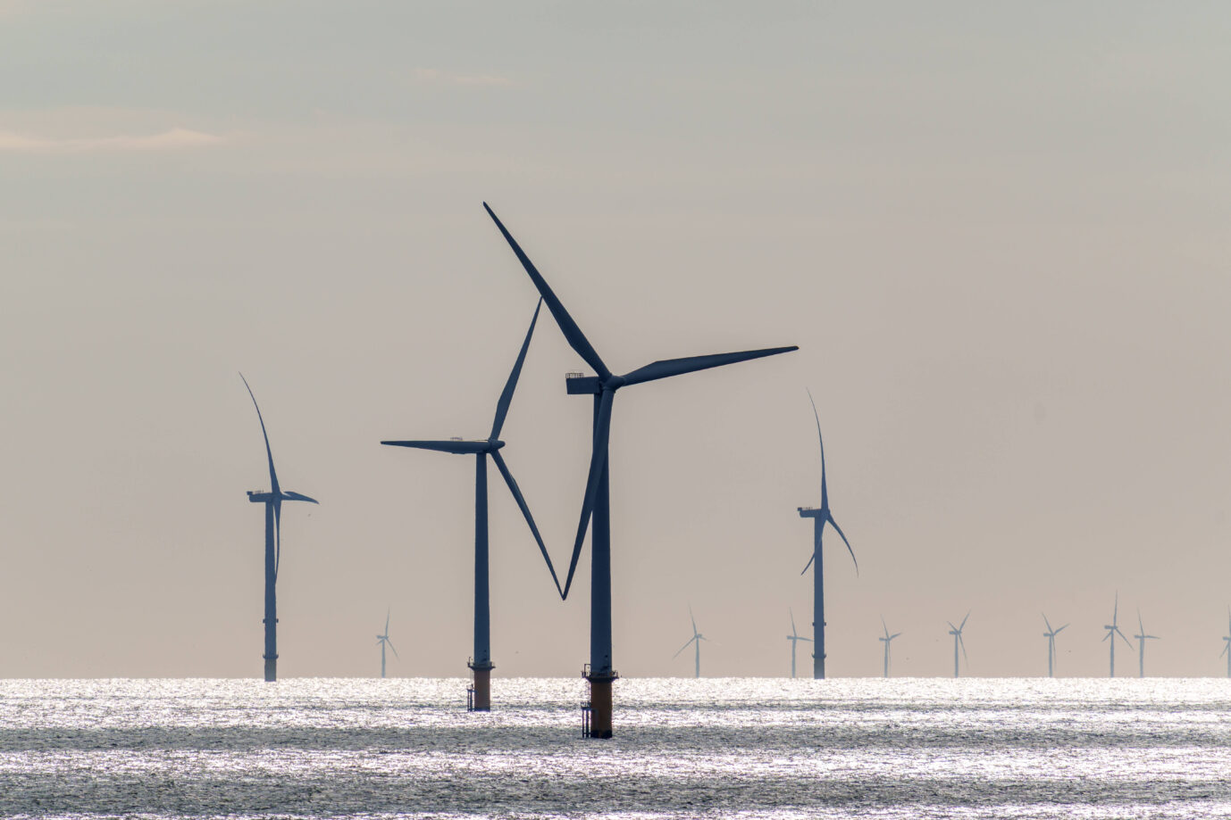 Vier Windräder stehen im Meer herum – Symbolbild für die deutsche Stromversorgung