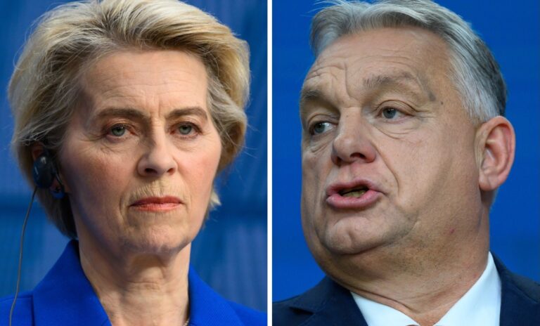 EU-Komissionspräsidentin Ursula von der Leyen und Ungars Ministerpräsident Viktor Orban liegen quer wegen der Queer-Parade.