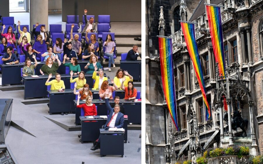 Die Linksfraktion in Regenbogenfarben im Bundestag und Regenbogenfahnen vor dem Münchner Rathaus.