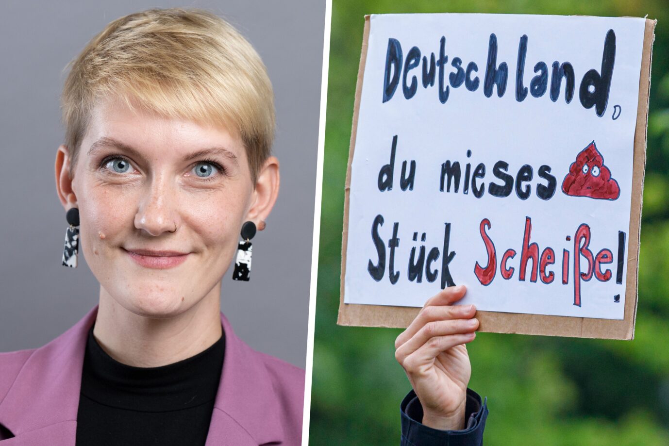 Neue Queer-Beauftragte des Bundes, die ehemalige Juso, Sozialdemokratin und sächsische Landtagsabgeordnete, „Antifaschistin“ und Feministin Sophie Koch, die die AfD „Scheißnazis“ nennt, Demo mit Schild „Deutschland Du mieses Stück Scheiße“ in Berlin am 17. August 2021 auf dem Platz der Republik vor dem Reichstag. Foto: picture alliance/dpa, Sebastian Kahnert & IMAGO, Achille Abboud