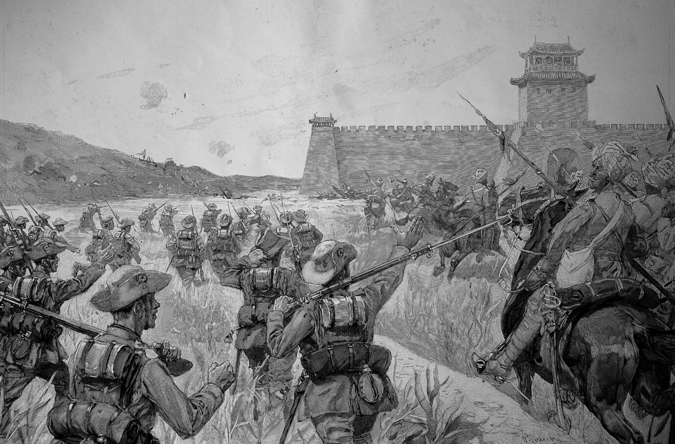 Deutsche Infanterie und bengalische Kavallerie erobern Lianghsiang während des Boxeraufstandes.