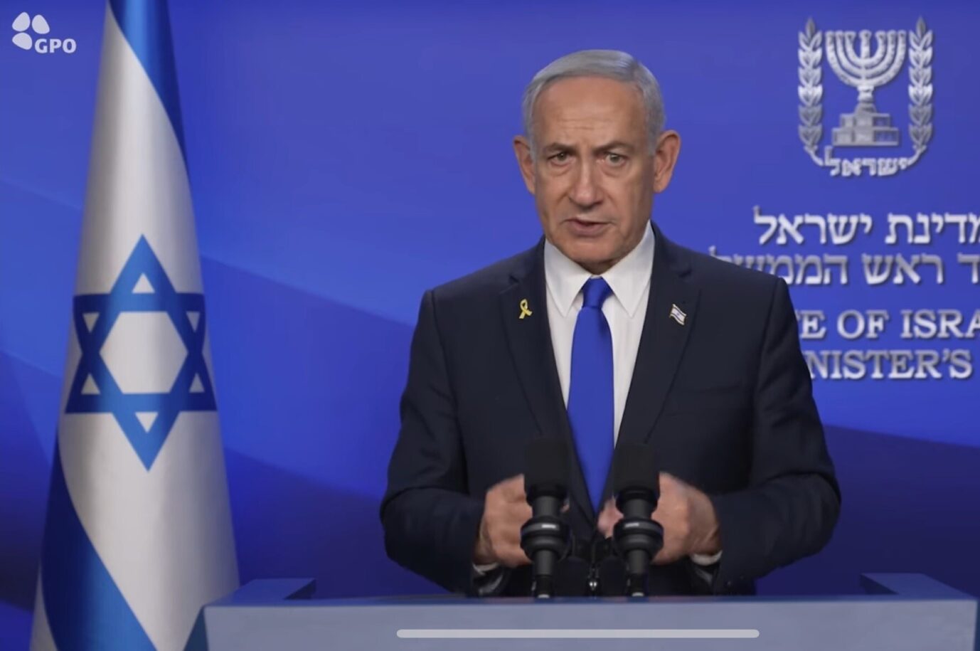 Israels Ministerpräsident Benjamin Netanjahu bei seiner Videoansprache nach den Angriffen auf den Iran.