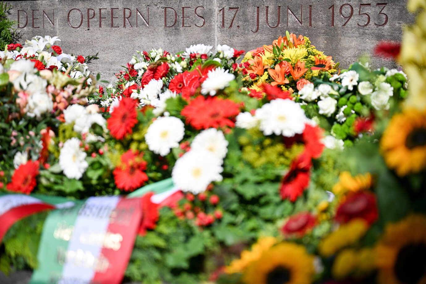 Blick auf ein farbenfrohes Blumenmeer aus Kränzen und Gestecken mit roten, weißen, gelben und orangefarbenen Blüten, die dicht vor einem grauen Gedenkstein auf dem Berliner Friedhof Seestraße niedergelegt wurden. Im Hintergrund ist in den Stein graviert der Schriftzug „Den Opfern des 17. Juni 1953“ zu lesen – eine Erinnerung an den blutig niedergeschlagenen Volksaufstand in der DDR. Die Aufnahme entstand im Rahmen der offiziellen Gedenkfeier der Bundesregierung.