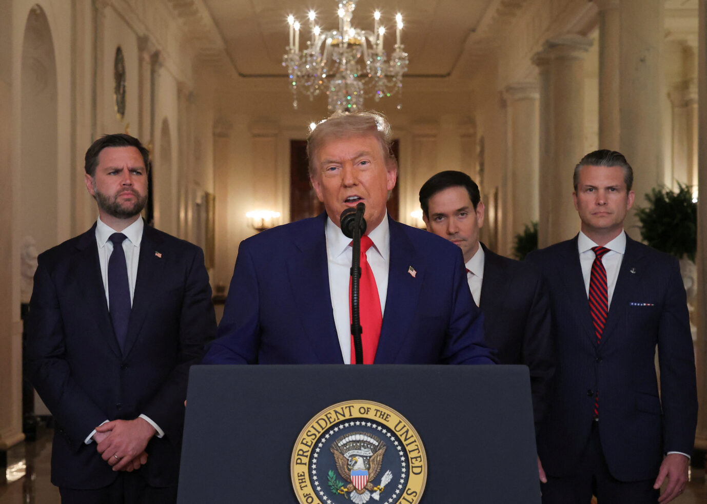 U.S. President Donald Trump delivers an address to the nation accompanied by U.S. Vice President JD Vance, U.S. Secretary of State Marco Rubio and U.S. Defense Secretary Pete Hegseth, at the White House in Washington, D.C., U.S. June 21, 2025, following U.S. strikes on Iran's nuclear facilities. REUTERS/Carlos Barria/Pool