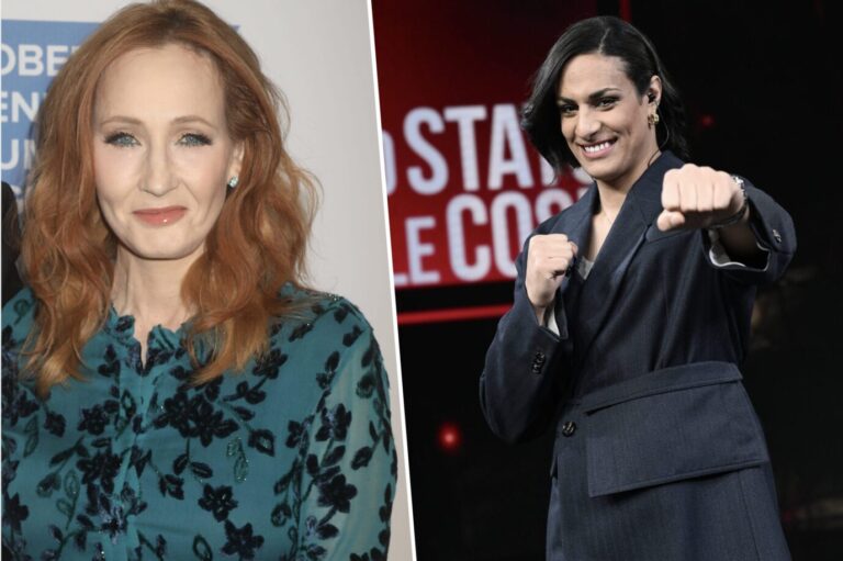 Links ist die feministische Schriftstellerin J.K. Rowling zu sehen, in einem blauen Kleid und mit rotem Haar, daneben ist der Boxer oder die Boxerin Imane Khelif zu sehen, die oder der nun seine Goldmedaille zurückgeben soll