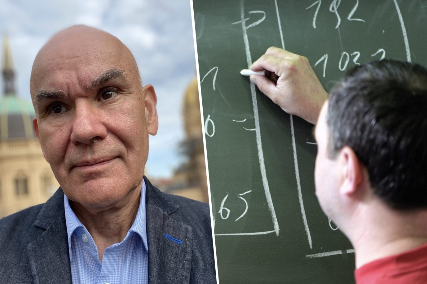 Links sieht man den Lehrer und JF-Autor Heino Bosselmann, daneben schreibt eine Lehrer in einem Klassenzimmer etwas an eine Tafel