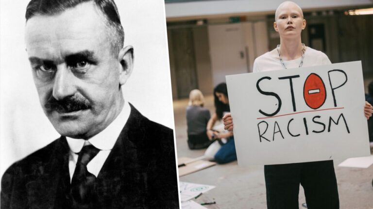 Links sieht man den Schriftsteller Thomas Mann in Jackett und Schlips, daneben eine woke BLM-Aktivistin – Sinnbild für die Dekadenz, die Mann in seinen Texten thematisiert hat und die sich heute wandelt