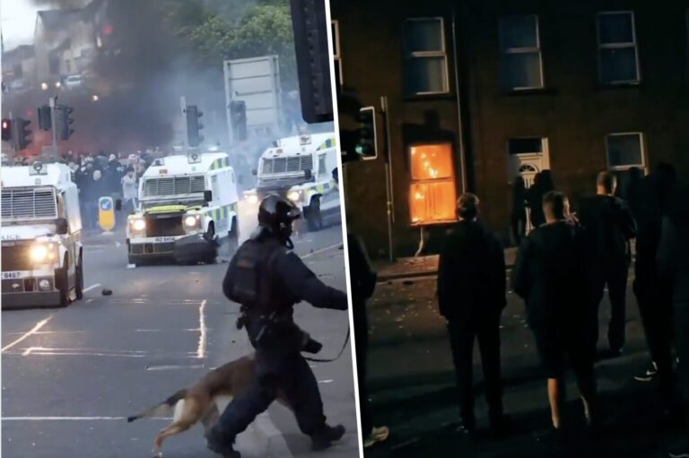 Szenen der Ausschreitungen in Nordirland – links sieht man wie gepanzerte Polizeifahrzeuge in Ballymena einfahren, daneben zünden Randalierer ein Wohnhaus an